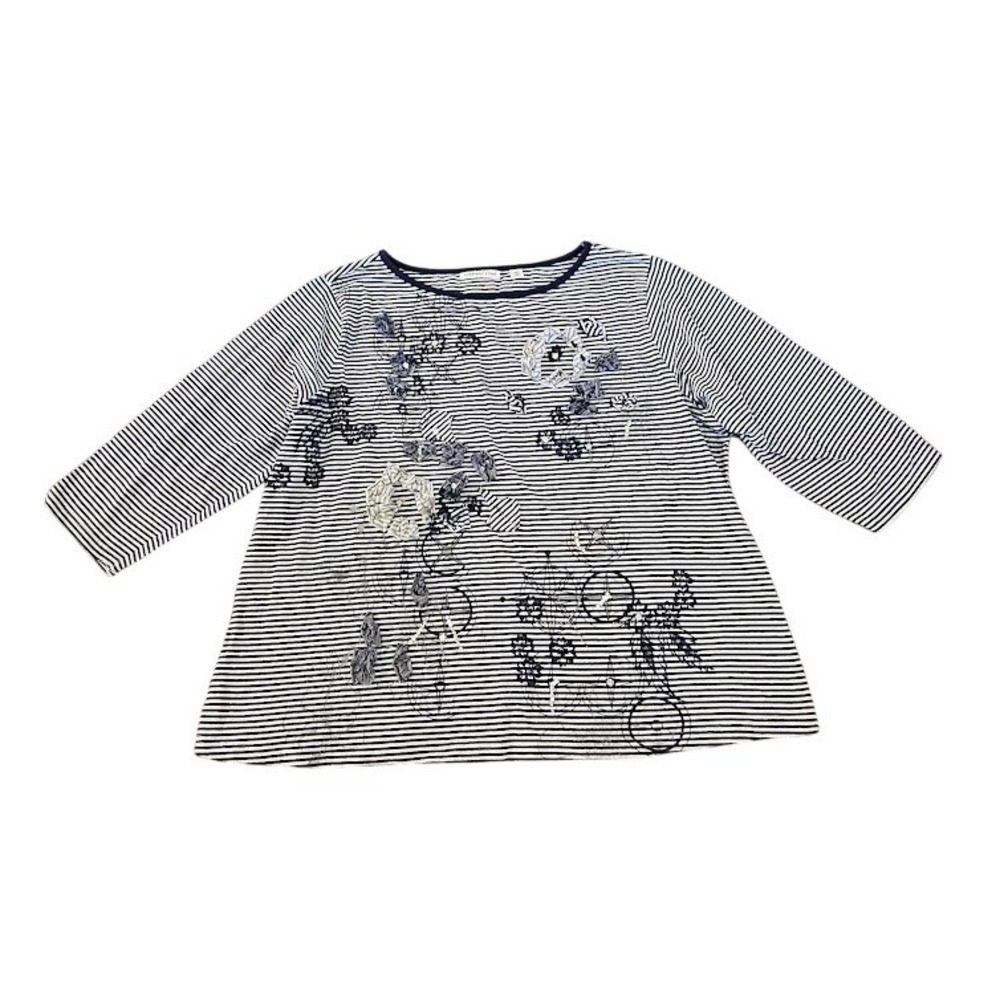 Coldwater Creek Womens 3X Navy White Striped Floral Sequin Applique Knit Top